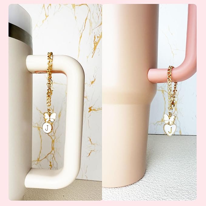 Bow for Stanley Straw Topper- 3pcs Cute Cup Bow Straw Cover Silicone Cap 10mm with 2pcs Initial Letter Charms Name Id Personalized Accessories 40/30 Oz Tumbler Water Bottle Cups White-F