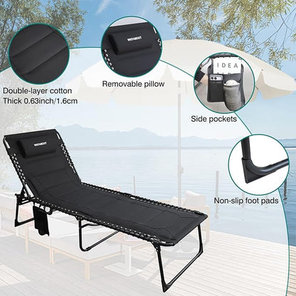 Outdoor Folding Lounge Chair Padded for Adults 264Ibs Patio Chaise Lounge Chair for Outside 5-Position Adjustable Reclining Beach Chair with Pillow Pocket