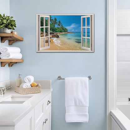 ANRUOXI Beach Pictures Wall Art Decor for Living Room, Blue Ocean Painting Decor for Bedroom, White Window Frame Style Palm Trees Canvas Wall Decor, Coastal View Artwork for Bedroom Office 28x40 Inch