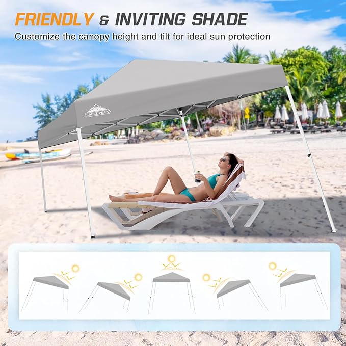EAGLE PEAK 10x10 Slant Leg Pop-up Canopy Tent Easy One Person Setup Instant Outdoor Beach Canopy Folding Portable Sports Shelter 10x10 Base 8x8 Top (Light Gray)