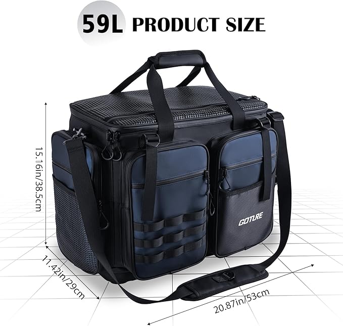 Goture Large Tackle Bag,1800D PVC Waterproof Saltwater Gear Storage Big Fishing Bag with EVA Bottom,Store Up to 8PCS 3700 Plus 4PCS 3600 Tackle Trays(Not Included),20.87”x11.42”x15.16”