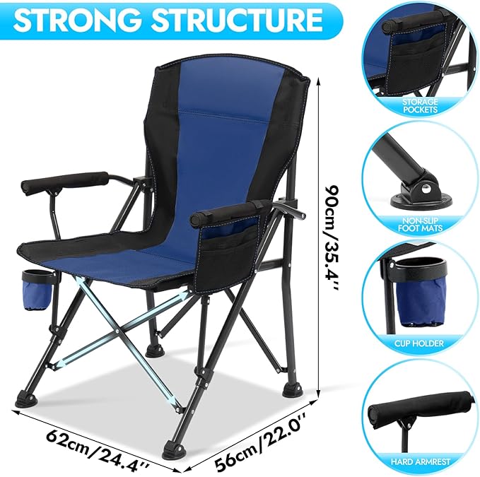 Oversized Folding Camping Chair for Adults, Supports 450 LBS Camping Chairs, Heavy Duty Camping Chair with Side Pockets, Foldable Outdoor Chair for Camping, Beach, Fishing, Hiking, Blue-Black