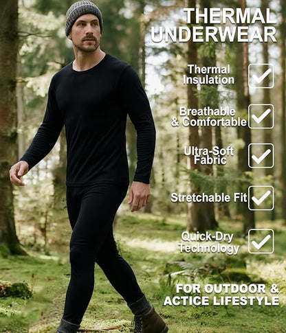 2 Pack Thermal Underwear Long Johns for Men Fleece Lined Base Layer Tops and Bottoms Set Cold Weather Winter Gear