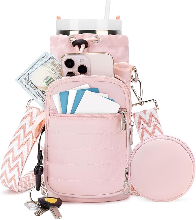 Water Bottle Carrier Bag with Strap, Sling Bag for Walking, Hiking, Cycling, Black, 40 Ounces