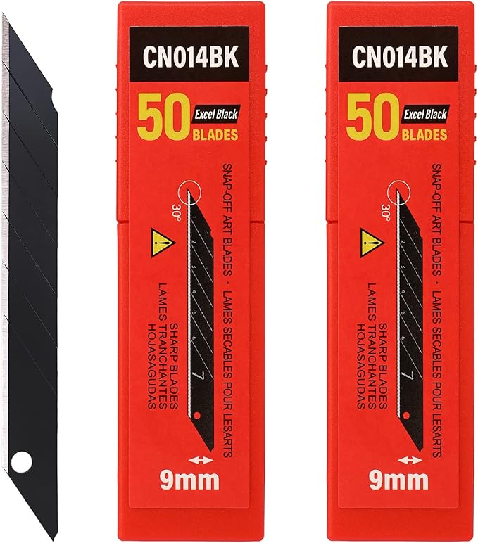 FOSHIO 100PCS 30 Degree Carbon Steel Snap Off Blades 9mm for Box Cutters Utility Knife Universal Art Knife Replacement Black Blades