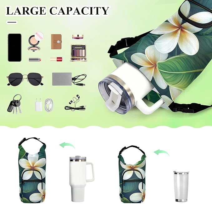 Tropical Plumeria Green Water Bottle Holder with Strap Insulated Water Bottle Carrier Crossbody Bags Pouch with Phone Pocket for Travel Gym Hiking Walking Running