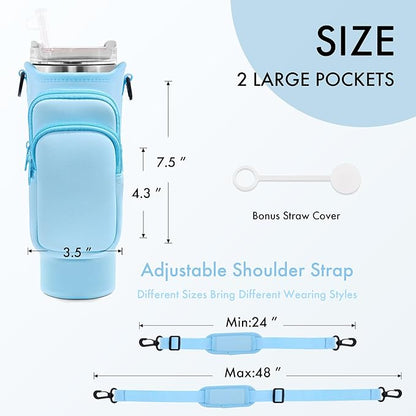 Water Bottle Carrier Bag with Phone Pocket for Stanley Cup 40/30 oz, Water Bottle Holder with Adjustable Strap& Straw Cover, Stanley Cup Accessories