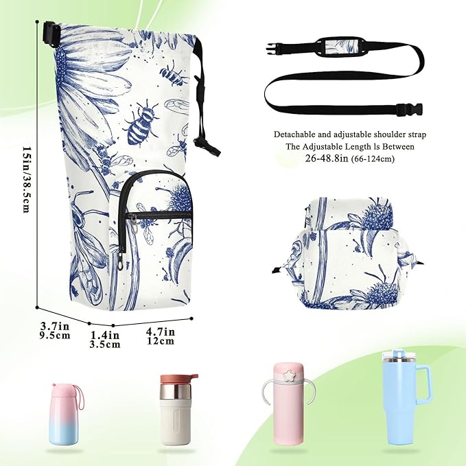 Ink Bees Daisy Water Bottle Holder with Strap Insulated Water Bottle Carrier Crossbody Bags Pouch with Phone Pocket for Travel Gym Hiking Walking Running