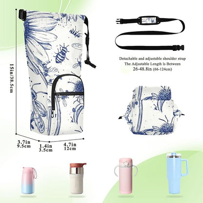 Ink Bees Daisy Water Bottle Holder with Strap Insulated Water Bottle Carrier Crossbody Bags Pouch with Phone Pocket for Travel Gym Hiking Walking Running