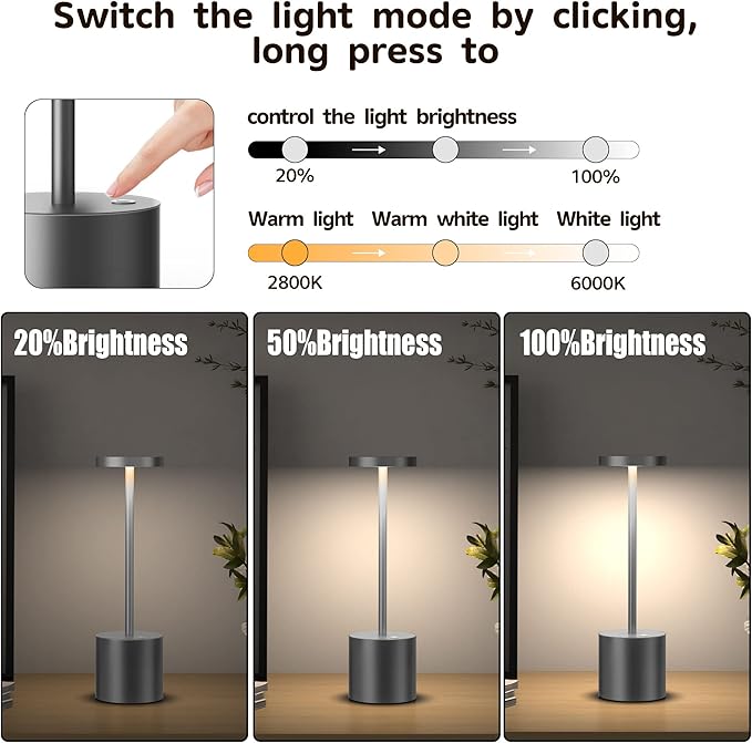 2Pack Cordless Table Lamp, Rechargeable LED Battery 5000mAh Metal USB Portable Powered Desk Lamp, 3 Levels Brightness Light for Restaurants Outdoor (2pack 10.25in Grey)
