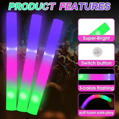 AWANG 12 Pcs Glow Sticks With 3 Modes Colorful Flashing Glow In The Dark Party Supplies Multicolor Bulk LED Foam Glow Sticks For Wedding Raves Sporting Events Glow Party Birthday Camping Concert