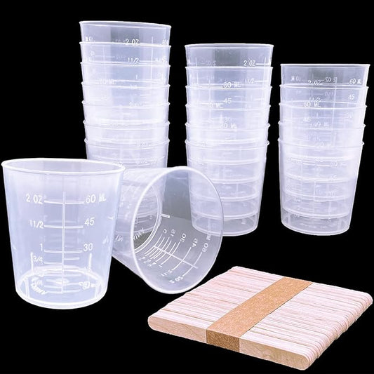 30 Pcs Plastic Graduated Cups, 60ml/2oz Clear Scale Cups with 50 Pcs Wooden Stirring Sticks for Epoxy, Resin, Stain, Mixing Paint