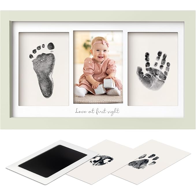 Inkless Baby Hand and Footprint Kit Boy, Girl - No Mess Ink Pad for Handprint, Clean Touch Dog Paw Print Kit, Personalized Baby Shower Gifts, Nursery Newborn Keepsake Frame (Sage)