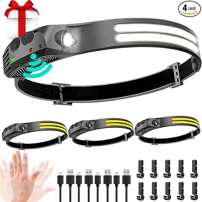 LED Headlamp Rechargeable 4PCS - 230° COB Super Bright Head Lights for Forehead, Hard hat Light for Adults, USB C Headband Flashlight for Work, Hiking, Running, Camping Essentials Gear
