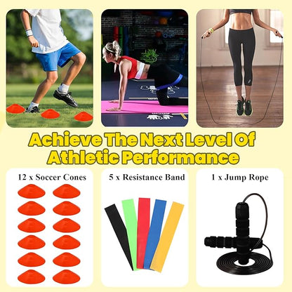Agility Ladder, Agility Speed Training Set, 20ft 12 Rung Agility Ladder, 4 Agility Hurdles, 5 Resistance Bands, 12 Resistance Cones, Running Parachute, Jump Rope for Athletes, Adults