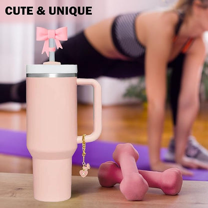 Pink Bow for Stanley Straw Topper- 3pcs Cute Cup Bow Straw Cover Silicone Cap 10mm with 2pcs Initial Letter Charms Name Id Personalized Accessories 40/30 Oz Tumbler Water Bottle Cups X