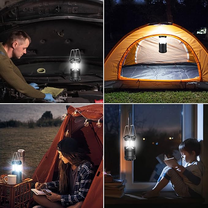 EXTRASTAR 2 Pack LED Battery Operated Lights, Portable Survival Battery Powered Lamp, Waterproof Camping Lantern, Suitable for Hurricane, Emergency, Storm, Outages, Outdoor Collapsible Lanterns, Black