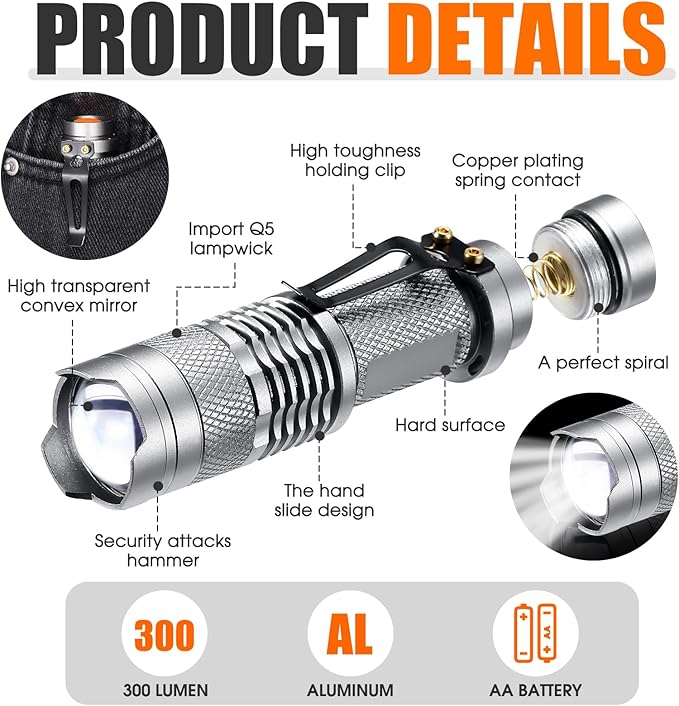 Fumete 20 Pieces LED Flashlight Mini 3 Mode Tactical Torch Small Water Resistant Pocket Flash Light Adjustable Focus Light Pen for Men, Father, Indoor Outdoor Hiking(Silver)