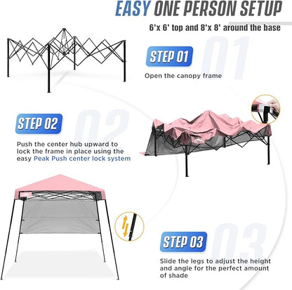 EAGLE PEAK 8x8 Pop Up Canopy Tent with Sidewall, Compact, Portable Slant Leg Instant Sun Shelter for Beach, Sports, & Camping, 8x8 Base 6x6 Top, Tender Pink