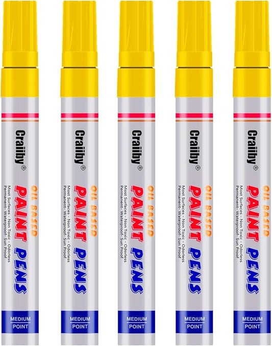 Yellow Paint Markers, 5 Pack Oil-Based Waterproof Quick Dry Permanent Paint Pen Set for Rocks Painting, Wood, Fabric, Plastic, Canvas, Glass, Mugs, Metal, Tire, Stone, DIY Craft
