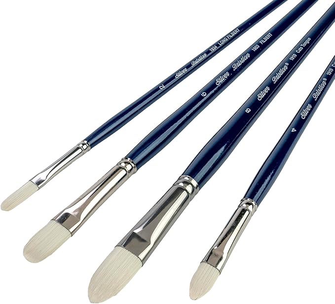 Silver Brush Limited BR-1954 Bristlon Long Handle Cat's Tongue & Filbert Brushes with Stiff White Synthetic Tips, 4pc Professional Painting Set for Acrylic, Oils, Gouache, Watercolor, and All Media
