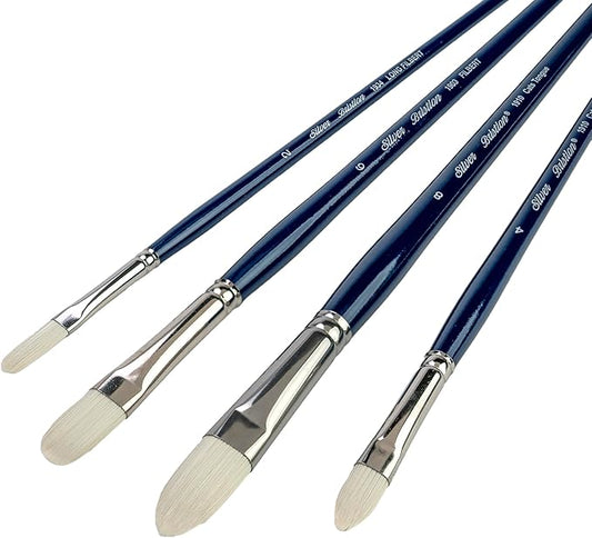 Silver Brush Limited BR-1954 Bristlon Long Handle Cat's Tongue & Filbert Brushes with Stiff White Synthetic Tips, 4pc Professional Painting Set for Acrylic, Oils, Gouache, Watercolor, and All Media