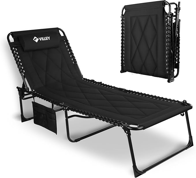 VILLEY Oversized Padded Chaise Lounge with Cushion, Foldable Camping Cot, Patio Reclining Lounge Chairs, Folding Sleeping Bed for Outdoor, Indoor, Backyard, Garden, Camping, Relaxing, Beach Tanning