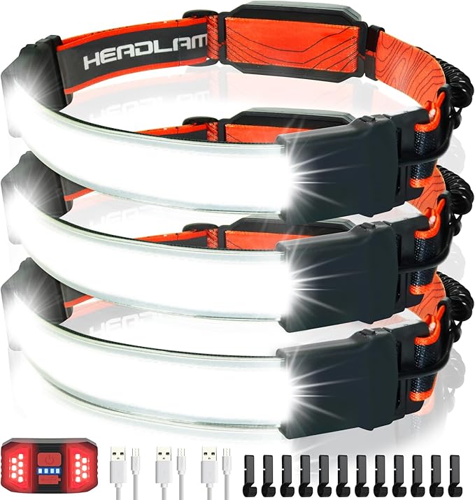 Headlamp Rechargeable, 3 Pack Bright LED Headlamps Wide Beam Head Lamp Headlight Flashlight with Red Tail Light 1200lm Lightweight Adjustable Waterproof for Biking Running Fishing Camping