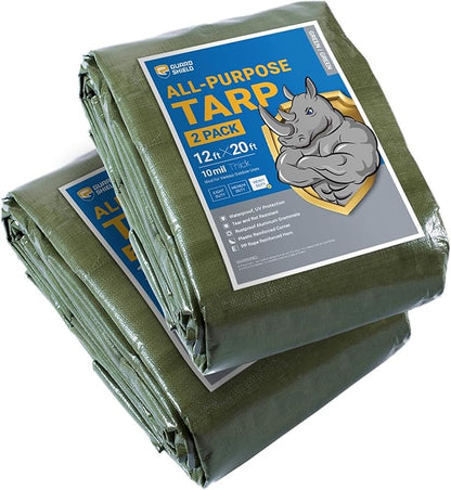 GUARD SHIELD Tarps Heavy Duty Waterproof 12x20 Feet Green Poly Tarp Cover Outdoor Thick UV Resistant Tarpaulin with Grommets 10mil (2-Pack)