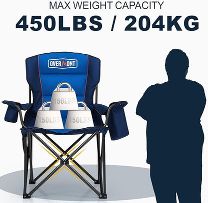 Overmont Oversized Folding Camping Chair - 450lbs Support with Padded Cushion Cooler Pockets - Heavy Duty Collapsible Chairs for Sports Garden Beach Fishing