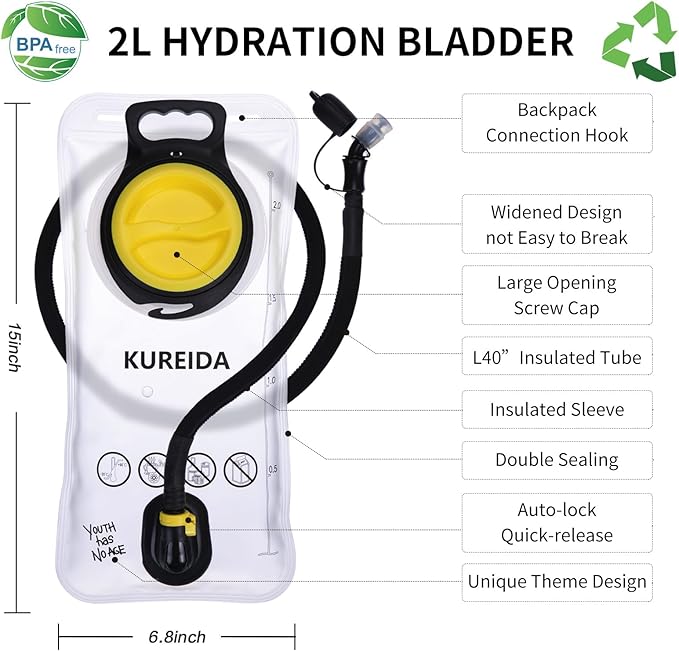 Hydration Bladder 2 Liter, BPA Free Water Bladder for Hiking Backpack Water Storage Bag with Insulated Tube, Hydration Backpack Replacement for Outdoor Camping Running Hiking