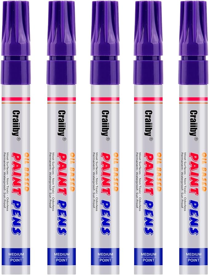 Purple Paint Markers, 5 Pack Oil-Based Waterproof Quick Dry Permanent Paint Pen Set for Rocks Painting, Wood, Fabric, Plastic, Canvas, Glass, Mugs, Metal, Tire, Stone, DIY Craft