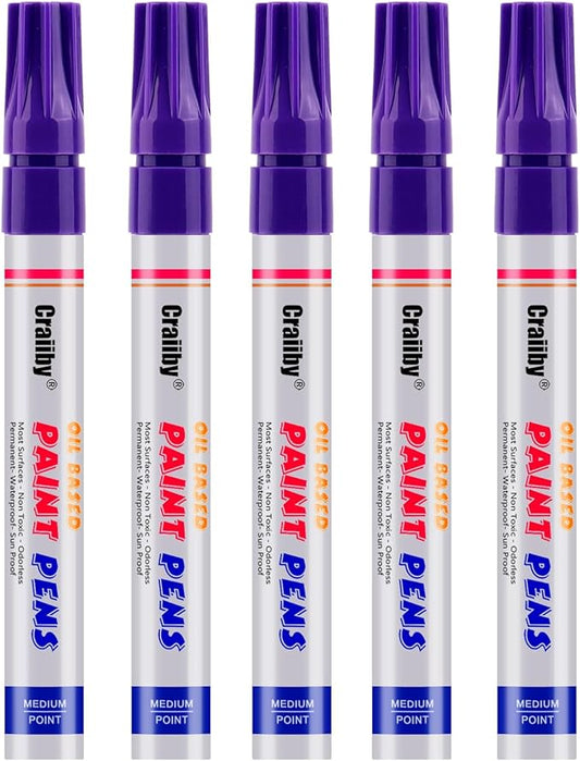 Purple Paint Markers, 5 Pack Oil-Based Waterproof Quick Dry Permanent Paint Pen Set for Rocks Painting, Wood, Fabric, Plastic, Canvas, Glass, Mugs, Metal, Tire, Stone, DIY Craft