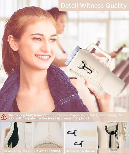 dabria Water Bottle Carrier Bag with Phone Pocket for Stanley 40 oz Tumbler Neoprene Water Bottle Holder Pouch with Adjustable Strap Bollus with Straw Cover & Letter Charm for Stanley Cup Accessories