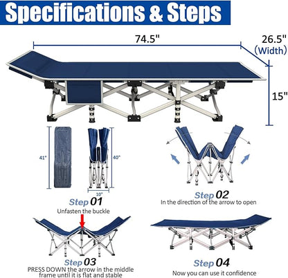 Cot Camping Cot with Thick Pad Cots for Sleeping Camping Bed Folding Cot 450LBS(Max Load) Comfortable Double Layer Oxford Heavy Duty with Carry Bag for Home Outdoor Travel