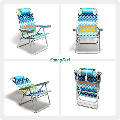 SUNNYFEEL Extra Wide 28" Folding Beach Chair 5 Position Lay Flat, Portable 17" Tall Camping Chair with Cup Holder for Outdoor/Lawn/Trip/Picnic, Lightweight Foldable Sand Chairs for Adults (Wave)