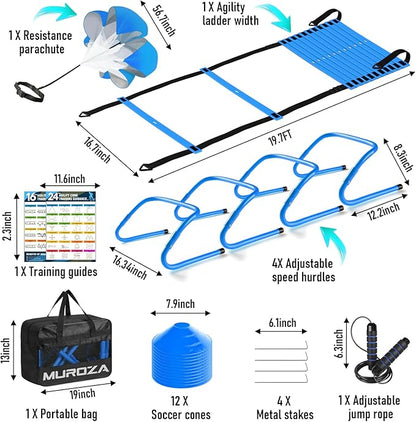 Agility Ladder, Speed Training Equipment Set, 20ft Agility Ladder, 12 Soccer Cones, 4 Hurdles, Jump Rope, Running Parachute, Basketball Football Soccer Training Equipment for Kids, Youth, Adults