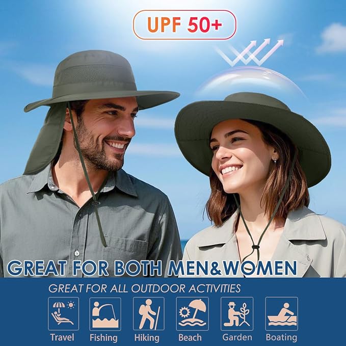 Men&Women Foldable Outdoor Sun Hat with Packable Neck Flap, UV Sun Protection Wide Brim Safari Cap