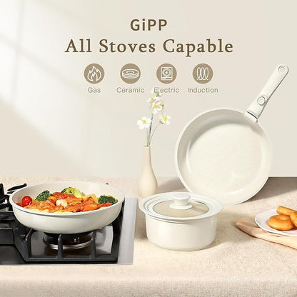 GiPP Ceramic Pots and Pans Set Non Stick, Nonstick Detachable Handle Cookware Sets, Healthy Non Toxic PFAS PFOA & PTFE Free, Dishwasher ＆Oven Safe, Induction Kitchen Pot and Pan, 8 Piece Cream