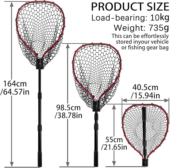 Telescoping Metal Lock Fishing Net with Handle Red Green 64" 52" 3-Section Rubber Fish Net - Adjustable Length Lightweight Foldable Large Big Collapsible Extendable Fishing Net