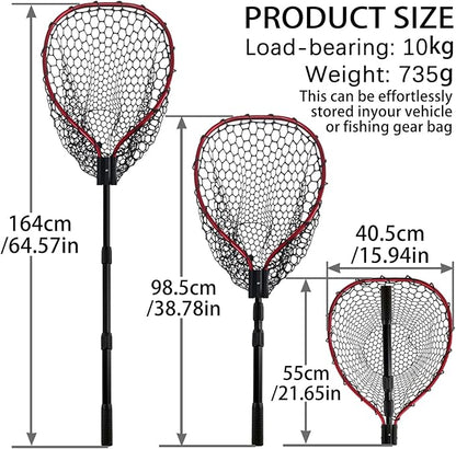 Telescoping Metal Lock Fishing Net with Handle Red Green 64" 52" 3-Section Rubber Fish Net - Adjustable Length Lightweight Foldable Large Big Collapsible Extendable Fishing Net