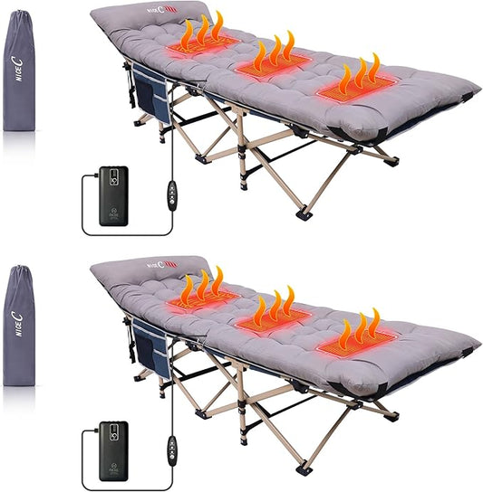 Nice C Heated Cot With Battery, Heated Camping Cots, Camping Cots with Mattress, for Adults, Folding Cot, with Pillow, Carry Bag & Storage Pocket, Extra Wide Sturdy, Holds Up to 500 Lbs (2 Pack, Grey)