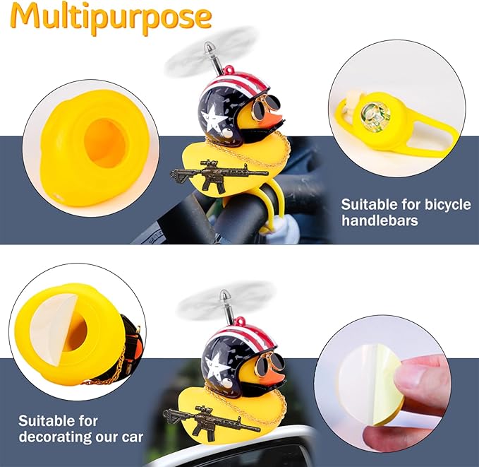 wonuu Rubber Duck Bike Bell, Squeeze Ducks with Helmet for Cycling Car Dashboard Decorations Motorcycle Bicycle Accessories