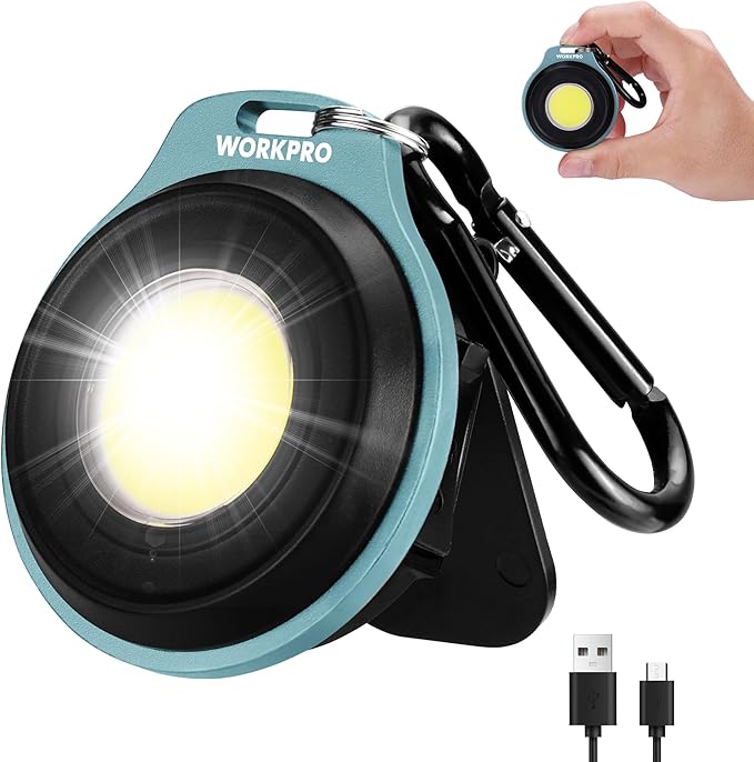 WORKPRO COB Keychain Work Light, Rechargeable Magnetic EDC Keychain Flashlight, Mini Pocket Carabiner Flashlight with Hat Clip, 3 Light Modes Emergency Light for Camping, Hiking and Fishing, Blue