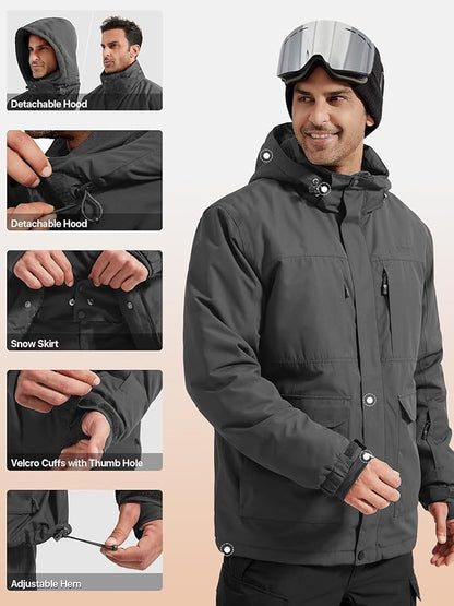 FREE SOLDIER Men's Waterproof Ski Jacket Fleece Lined Warm Winter Snow Coat with Hood Fully Taped Seams