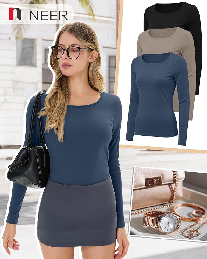 Neer 3 Pack Women's Thermal Shirts Long Sleeve Crew Neck Fleece Lined Undershirts Slim Fit Basic Tops Winter Base Layer
