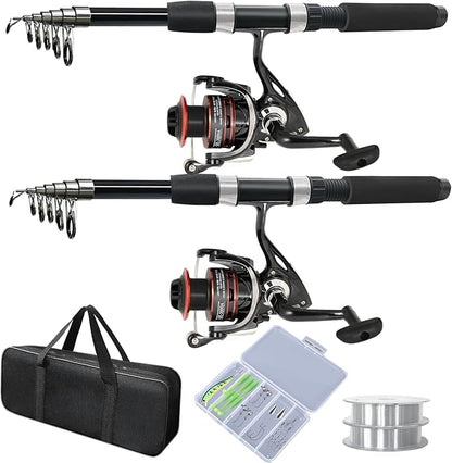 2PACK Fishing Pole Combo,Fishing Rod Combos with Telescopic Fishing Pole Spinning Reels Fishing Carrier Bag for Travel Saltwater Freshwater