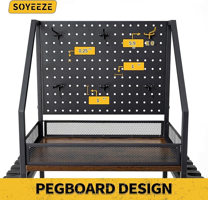 SOYEEZE Fishing Rod Holders for Garage, 3-Tier Fishing Pole Rack with Pegboard and Metal Mesh Fence, Fishing Gear Organizer with Hooks Up to 12 Rods, Rolling Fishing Storage Cart with Lockable Wheels