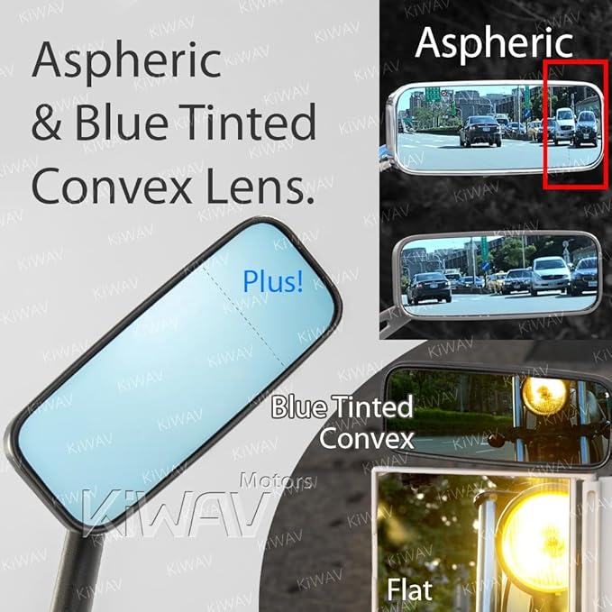KiWAV Motorcycle Mirrors Rear View Side Rectangular ClassicPlus Black Convex Aspherical Anti-Glare Blue Tinted Glass Longer Stem Compatible for Custom Harley Street 500 750 Pack of Pair