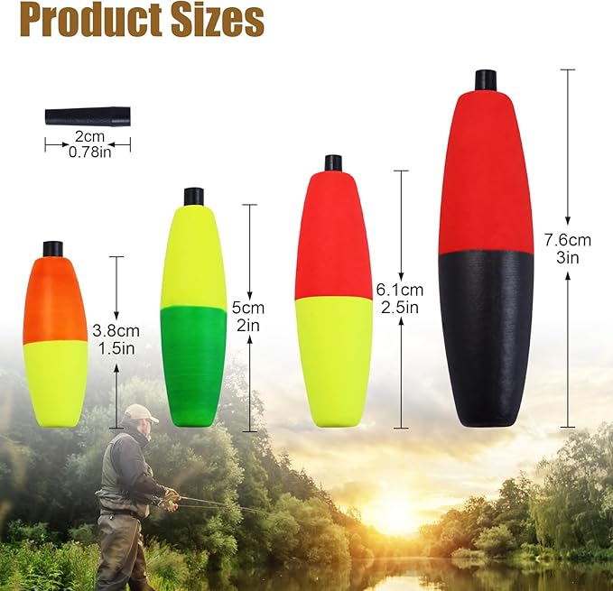 Bicolor Peg Floats, 1.5'' 2'' 2.5'' 3'' Cigar Fishing Cork Bobber Foam Floats with Pipe Plug for Catfish Santee Rigs 35 Pack